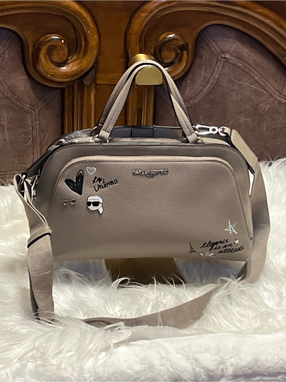 Karl Lagerfeld taupe satchel with playful decals - Picture 3 of 15